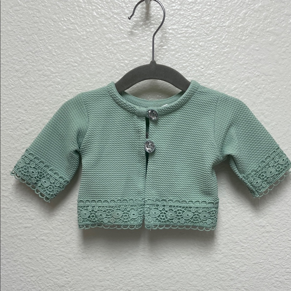 Little Lass Mint Green Lace Trim Cropped Cardigan 2 Button Jacket 0-3 Months